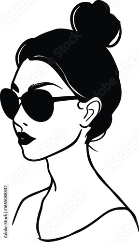 Stylish woman with heart shaped sunglasses and messy bun