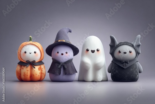 3d rendering of four cute halloween characters wearing costumes, creating a cheerful and spooky scene