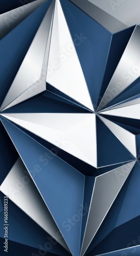 Abstract geometric pattern with blue, white, and silver facets, creating a modern and dimensional background