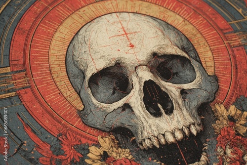 Human skull with flowers showing teeth surrounded by vintage red and blue graphic design