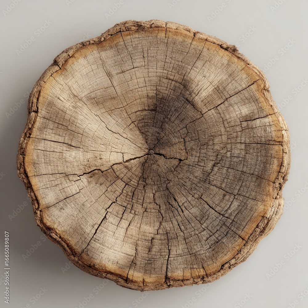 Fototapeta premium Top-down view of a tree cross-section, showing concentric rings and natural wood grain