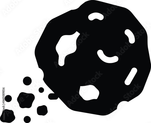 Black and White Asteroid with Debris Trail Illustration.