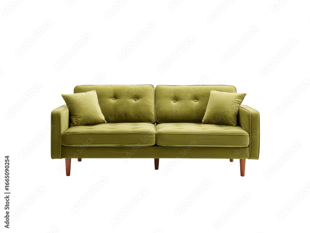 Fototapeta premium Plush velvet sofa with tufted back and accent pillows couch green, Isolated, Png Transparent Background