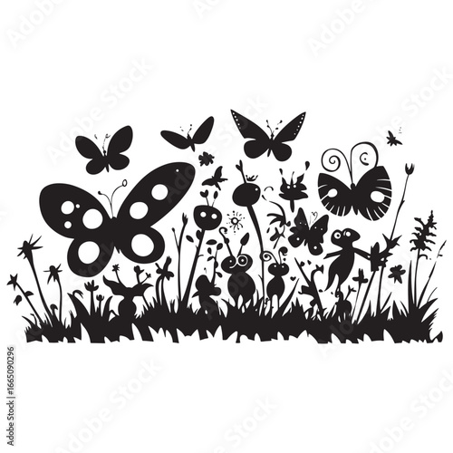 Vector illustration of whimsical black and white meadow with stylized butterflies and anthropomorphic insect-like creatures, playful fantasy scene in bold graphic silhouette