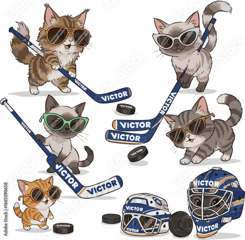 create need a kinds of different cute cat ware in sunglass play with hokey victor art on white background.