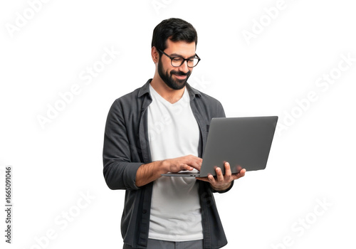 Man with beard and glasses using a laptop isolated on transparent background