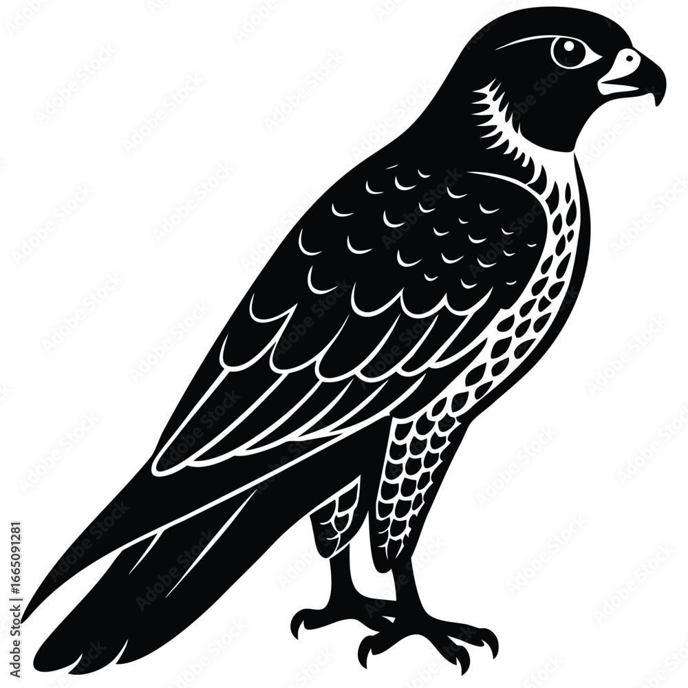 Fototapeta premium Black and White Illustration of a Peregrine Falcon Standing Tall with Detailed Feathers