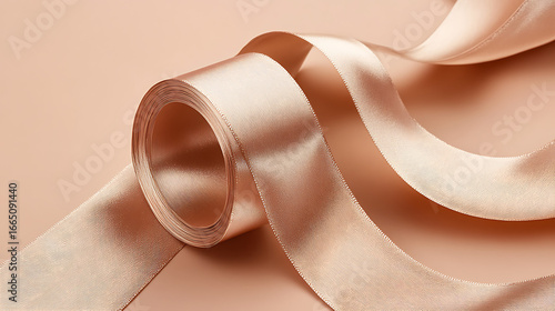 Close up of a roll of light pink satin ribbon with flowing curves on a matching pink background