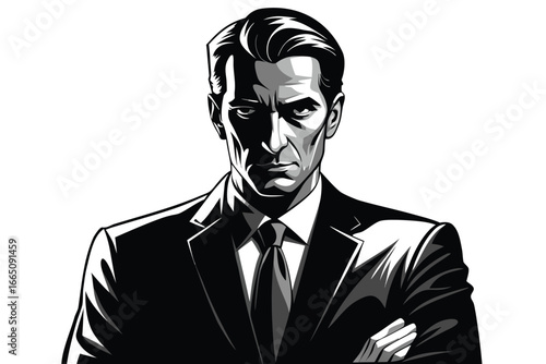 Black and White Illustration of an Intense Man in a Suit and Tie