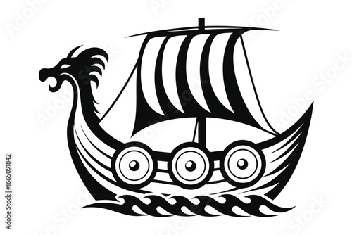 Viking Drakkar Head Boat Vector, Dragon Ship Stern Emblem Design on White Background