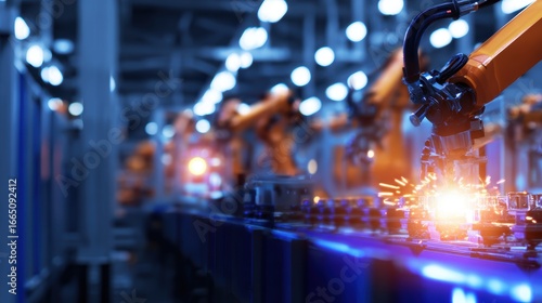 Advanced robotic arms performing precision welding in a high-tech manufacturing facility at night