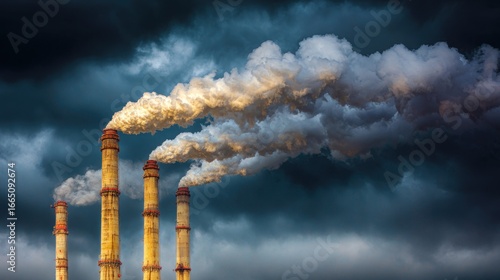 Industrial smokestacks emit dark plumes against a stormy sky