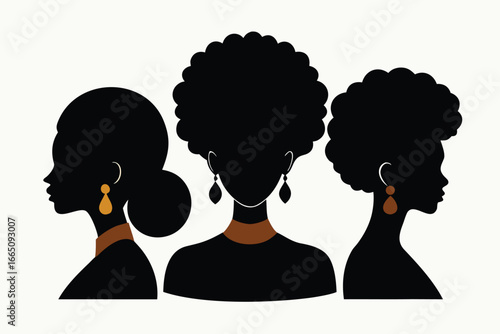 Black Silhouette Art Three Women with Afro Hairstyles and Brown Necklaces