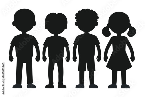 Black Silhouette Illustration of Four Children Two Boys, One Boy in Shorts, and a Girl