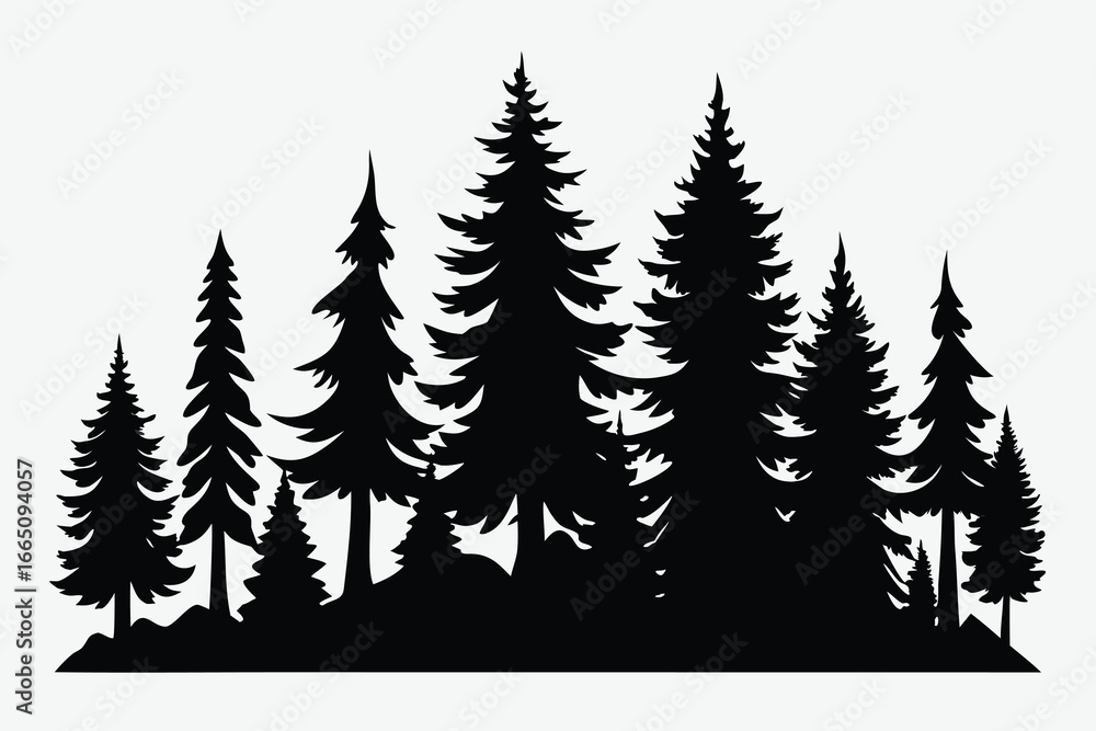 Obraz premium Black Silhouette of Evergreen Pine Trees Against White Background Creating a Forest