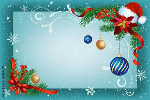 Illustration with Christmas and New Year.Vector illustration for Christmas and New Year celebration with coniferous branches, Christmas tree decorations on a beautiful background with snowflakes.