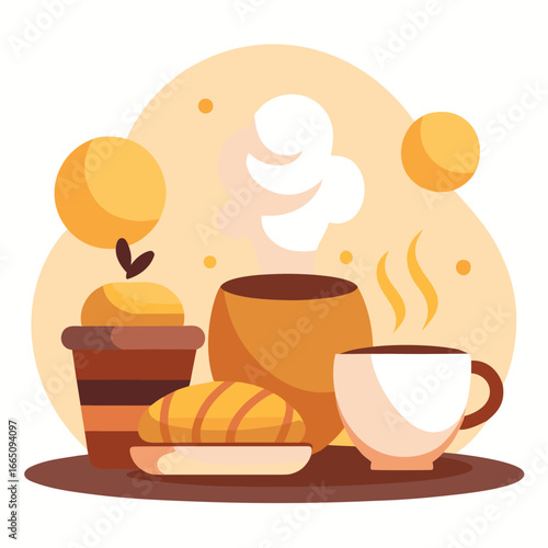 Cozy breakfast vector illustration with warm coffee and fresh pastries