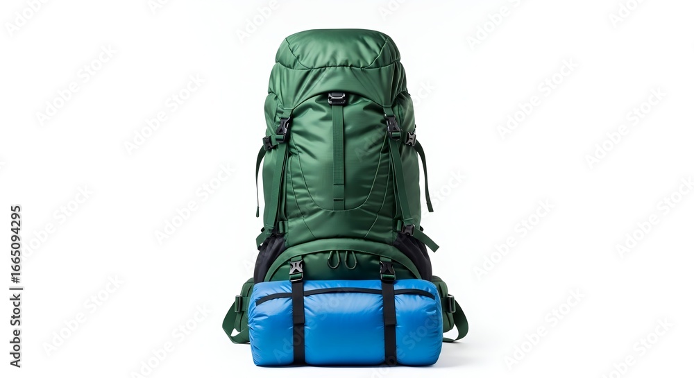 Naklejka premium Large hiking backpack with rolled-up sleeping bag attached, clean background
