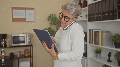 Woman with short hair and glasses holding tablet and balancing smartphone at shoulder in office with shelves and plant; happiness.