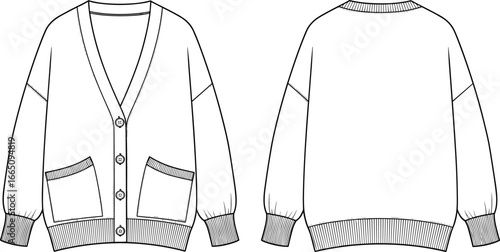 CAD drawing, flat vector illustration, cardigan sweater design, button front knitwear, fashion garment sketch, casual clothing template, technical apparel
