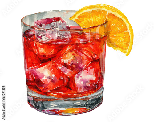 Red cocktail with ice and orange slice