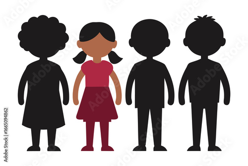 Cartoon of Silhouetted Children with One Girl Wearing a Burgundy Dress