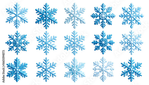 Wallpaper Mural Fifteen unique renderings of snowflakes, showcasing intricate details and varying shades of blue, ideal for winter-themed designs and festive projects. Torontodigital.ca