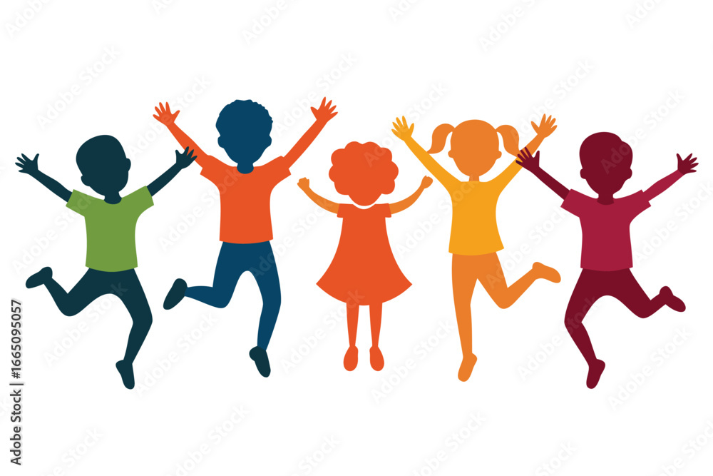 Fototapeta premium Colorful Silhouettes of Children Jumping with Joy and Excitement on White Background