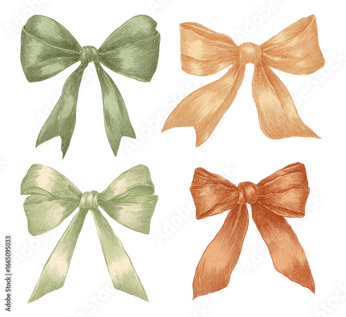 Four pastel-colored bows, arranged in a grid.  Each bow features a slightly different shade of muted, warm tones.  Lightly textured ribbon detail is visible.  Simple, decorative design