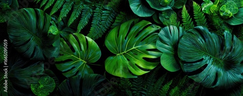 Wallpaper Mural Lush, dark-green tropical foliage backdrop featuring prominent monstera leaves interspersed with ferns and other greenery Torontodigital.ca