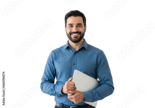 Smiling man holding a laptop isolated on transparent background