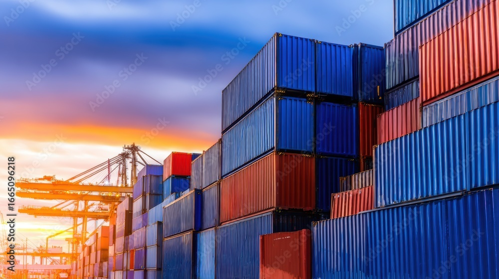 Fototapeta premium Colorful shipping containers stacked at a port during sunset with cranes in the background