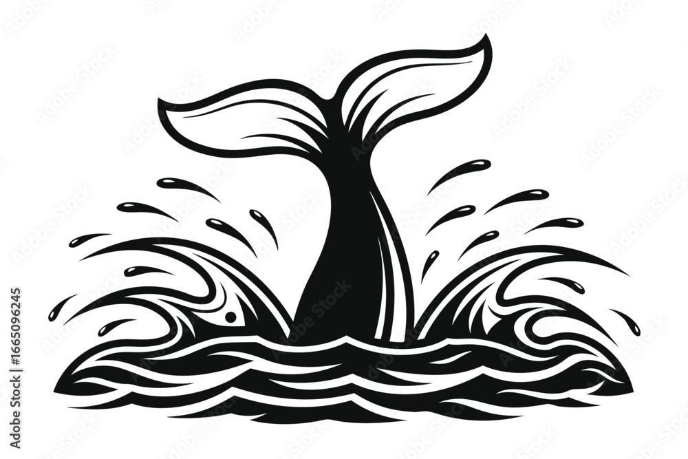 Obraz premium Whale Tail Diving into Water Ocean Sea Marine Animal on White Background