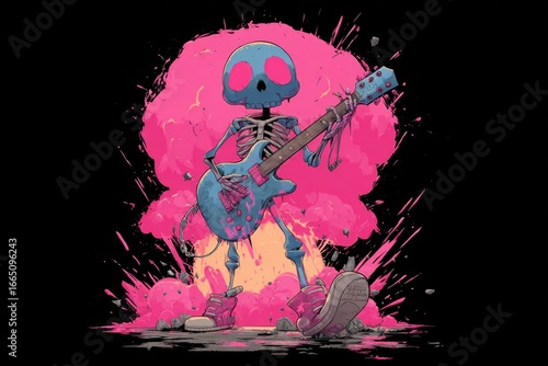 Cartoon skeleton rocking out with electric guitar amidst pink explosion, embodying music, energy, and rebellion