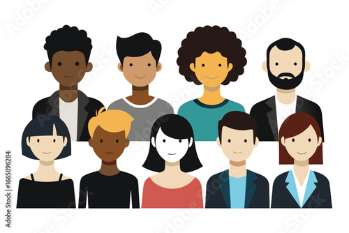 Diverse Group of Stylized People Illustration Gender and Ethnic Variety with Neutral Expressions
