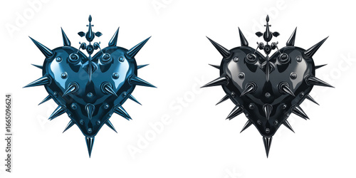 Two stylized, dark heart-shaped objects, studded with numerous sharp spikes, appear to be religious or artistic depictions