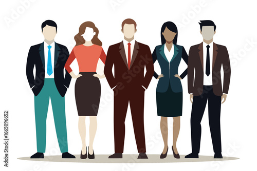 Diverse Team Illustration Five Business Professionals in Suits and Skirts Standing Side by Side