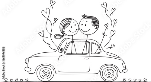 Love's Journey in a Car: A delightful hand-drawn illustration depicts a loving couple riding in a car, surrounded by whimsical hearts that symbolize their shared journey and affection.