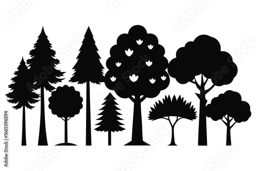 Diverse Tree Silhouettes Collection Pine, Blossom, and Broadleaf Varieties in Black and White Illustration