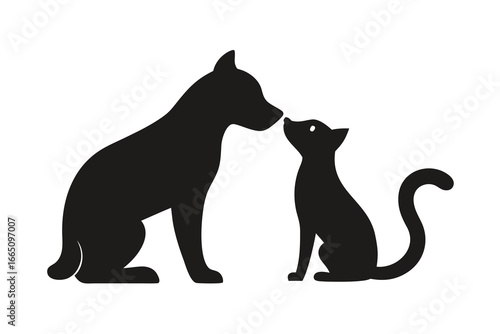 Dog and Cat Touching Noses Silhouette Illustration, Canine and Feline Friendship