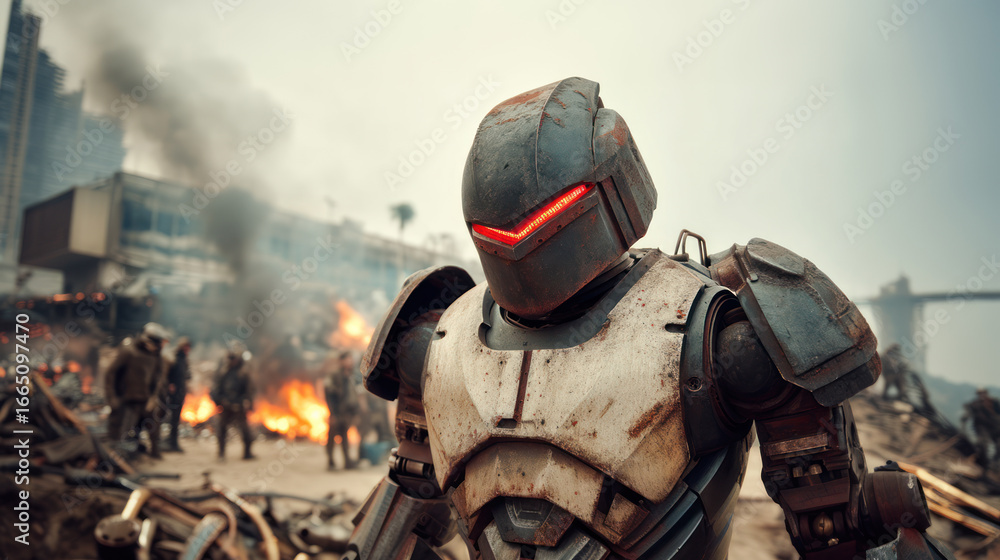 Fototapeta premium Metal cyborg robot after a battle, dystopian post-nuclear war scenery