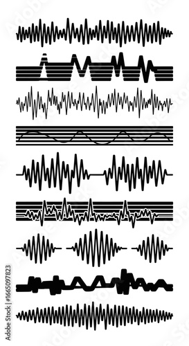 Collection of diverse sound waveforms representing audio signal variations and frequencies