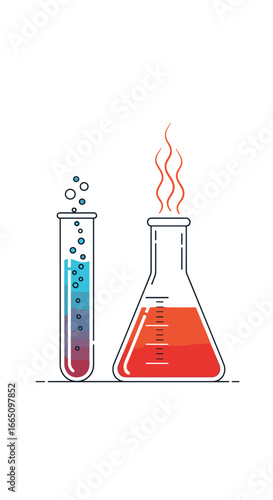Illustration of two chemical reaction vessels with blue and red liquids creating bubbles and steam