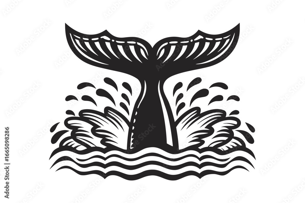 Fototapeta premium Whale Tail Diving into Ocean Waves, Black Silhouette, Water Splashes, on White