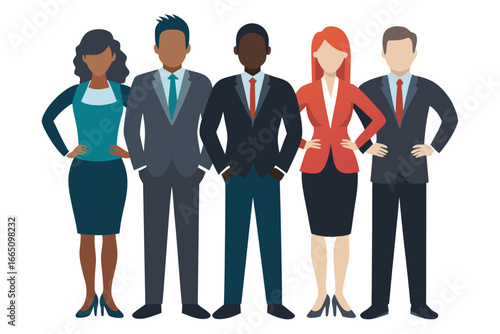 Five Diverse Business People in Professional Attire Standing Together, Illustration Isolated on White