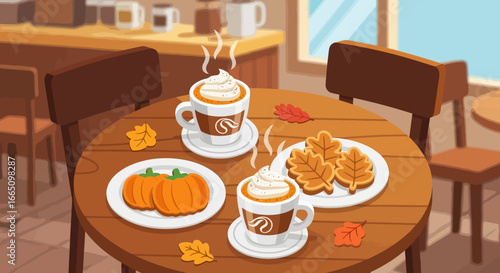 Autumn coffee and pumpkin cookies on a table.