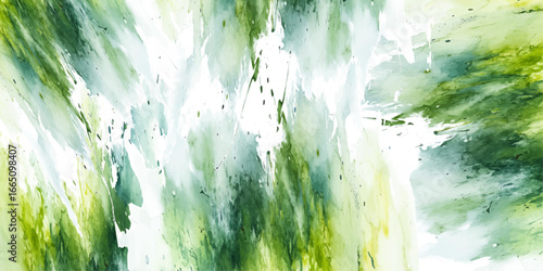Lush green digital watercolor painting with abstract brushstroke textures, vibrant artistic splashes, soft blended strokes, modern decorative background.