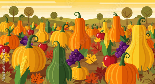 Autumn Harvest - Pumpkins Gourds Apples and Grapes.