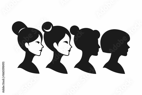 Four Black and White Female Silhouettes Featuring Different Hairstyles and Head Shapes