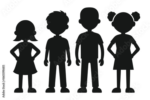 Four Children Standing in Silhouette, Two Girls Wearing Dresses, Two Boys Wearing TShirts